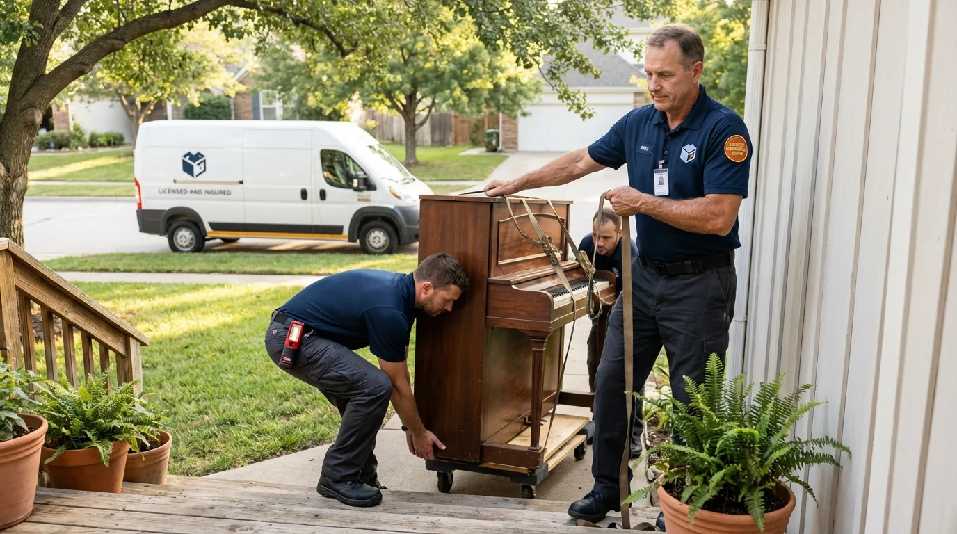 Licensed piano movers securing grand piano in Wildwood, NJ