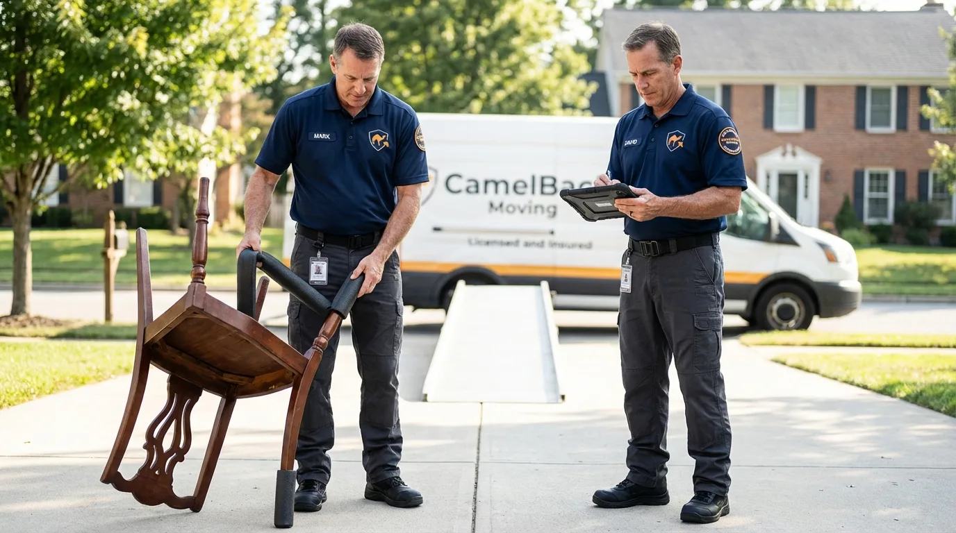 Movers inspecting furniture for damage prevention before loading in Wildwood, NJ