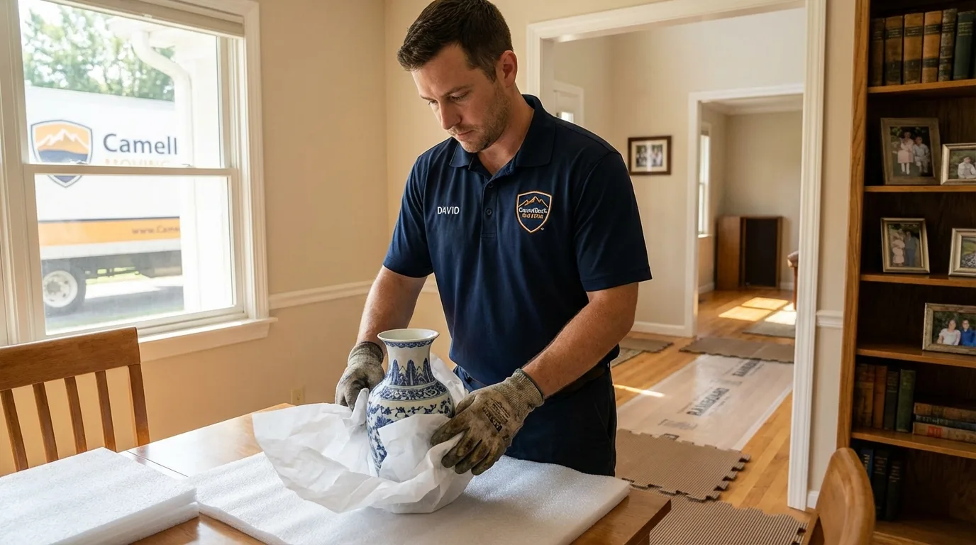 Professional crew carefully wrapping antique vase for senior downsizing move in Wildwood, NJ